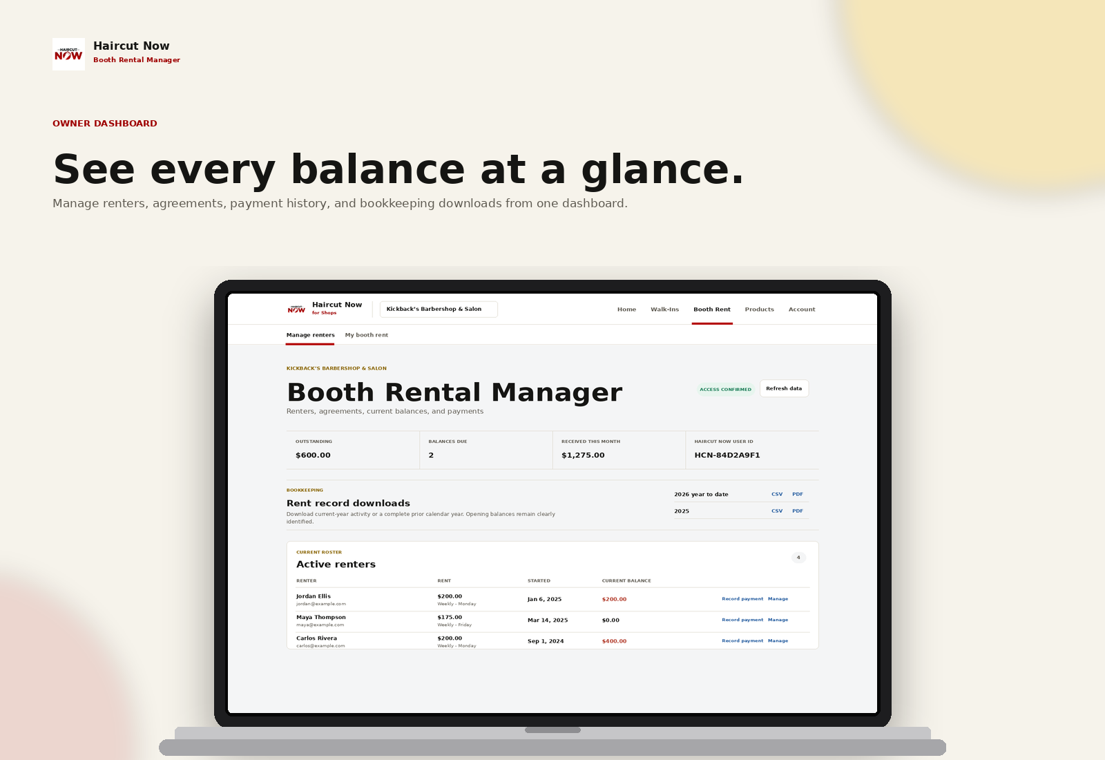 Booth Rental Manager owner dashboard shown on a laptop