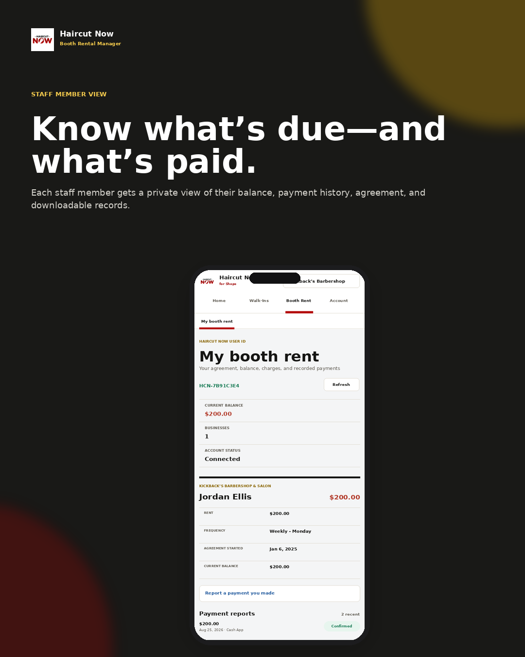 Booth Rental Manager renter account shown on a mobile phone